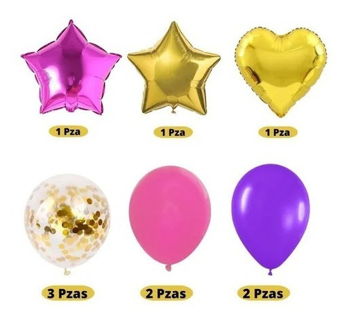 Kit 10 Globos Corazón Estrella Rosa Y Dorado Confeti