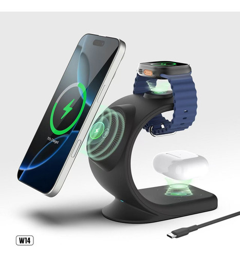 Kbod W14 Cargador Inalámbrico Magnético Para Celular 3 En 1 22w Carga Rápida Incluye Cable Fast Charge 3a Carga 3 Dispositivos A La Vez Teléfono / Smartwatch / AirPods