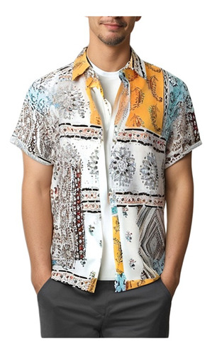 Camisa Hawaiana Suelta De Rayas De Manga Corta Para Hombre