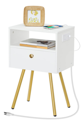 Mesita De Noche Con Carga Y Puertos Usb Blanco Dorado