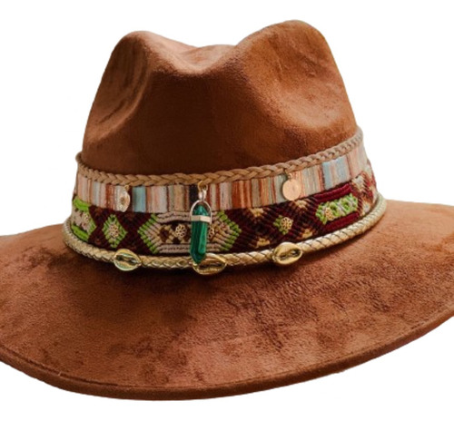 Sombrero Artesanal Indiana De Gamuza Color Cafe Estilo Boho