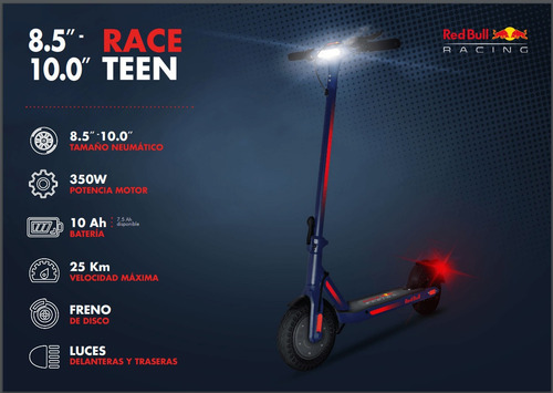 Imagen 9 de 9 de Monopatin Electrico Plegable Red Bull 10 Race Teen 10ah C