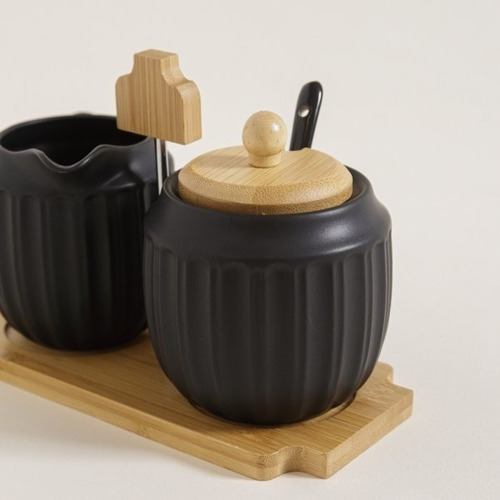 Set Azucarera Y Lechera De Porcelana Con Base De Bambú Color Negro