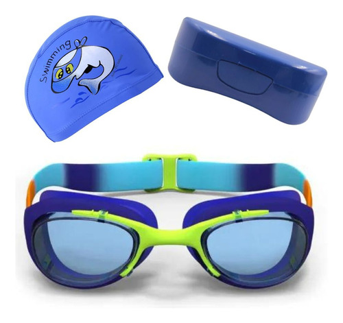 Óculos Estojo Touca Natação Infantil Profissional Lentes Uv Cor Azul-Azul