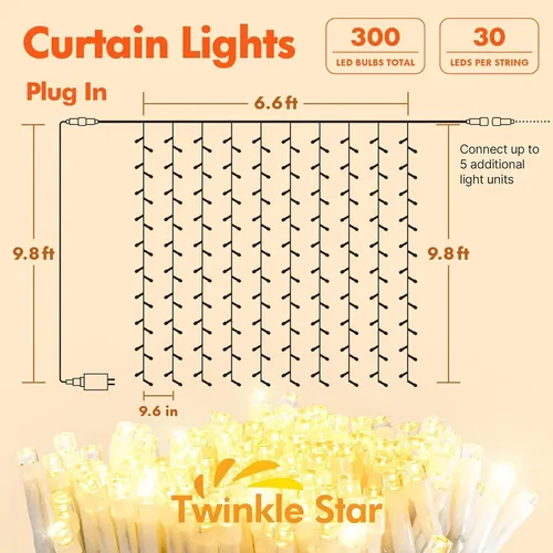 Luces De Cuerda De Cortina Led De Twinkle Star 300, 8 Modos