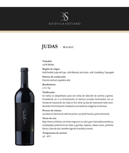 Vino Judas Malbec 750ml Bodega Sottano Alta Gama