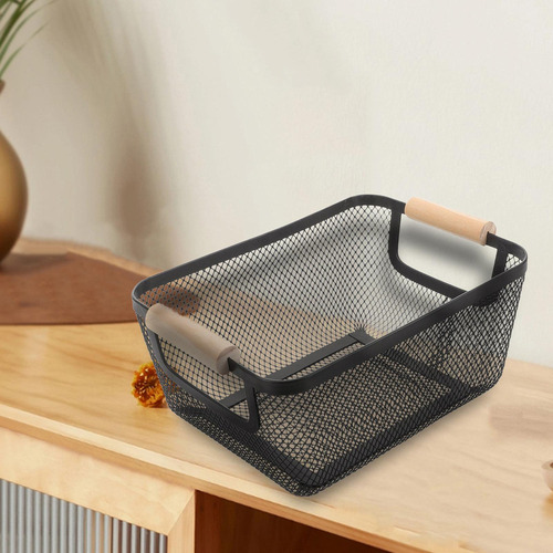 Cesta De Almacenaje De Malla Metálica Con Mango De Madera,