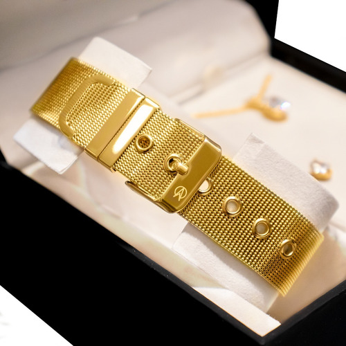 Reloj cuadrado Champion CN25369w para mujer, collar y pendientes, color de correa, bisel dorado, color de fondo dorado, color blanco 1