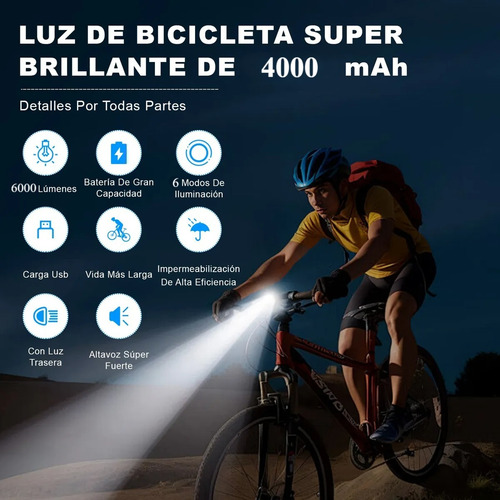 Bicicleta Luz Recargable Usb 6000 Lúmenes Impermeable Led