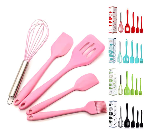 Kit 5pçs Utensilio Cozinha Colher Espatula Silicone Maciço Cor Preto