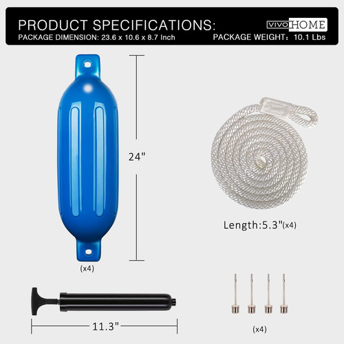 Kit 4 Defensas De Vinilo Para Barcos, Inflador Y Cuerdas