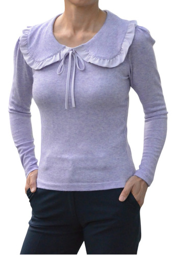 Sweater Mujer Lanilla Con Cuello Camisero Con Volado Y Lazo
