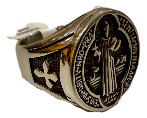 Anillo San Benito Imagen Santo Acero Quirúrgico Plateado 22