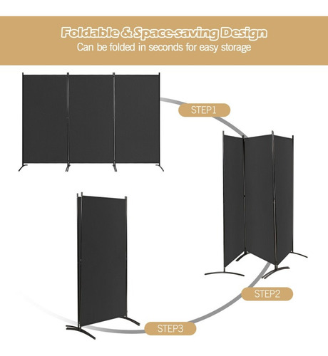 Biombo 3 Pzs 6 Ft Base De Acero Bisagras Negro Gpl