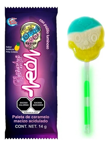 Paleta Luminosa Neón Tipo Calaveritas Sabor Piña Colada 70pz
