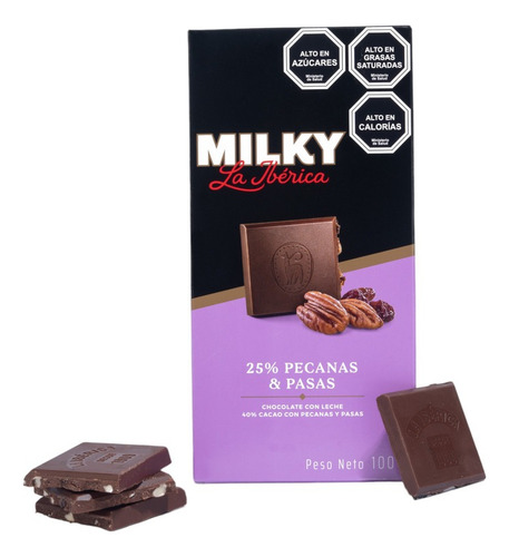 Barra de Chocolate con Leche Milky Pecanas Y Pasas con 40% Cacao 100g La Iberica