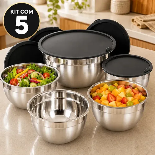 Kit Jogo 5 Bowls em Aço Inox com Tampa Plástica 18 20 22 24 26 cm Tigelas Bacia para Preparo Armazenamento Saladeira Conjunto  Cozinha Sólar