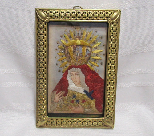Cuadro Miniatura Bordada Pintada A Mano Virgen María Reina 