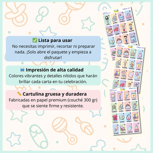 Lotería Impresa Baby Shower - Unisex - 30 Tablas Y Barajas