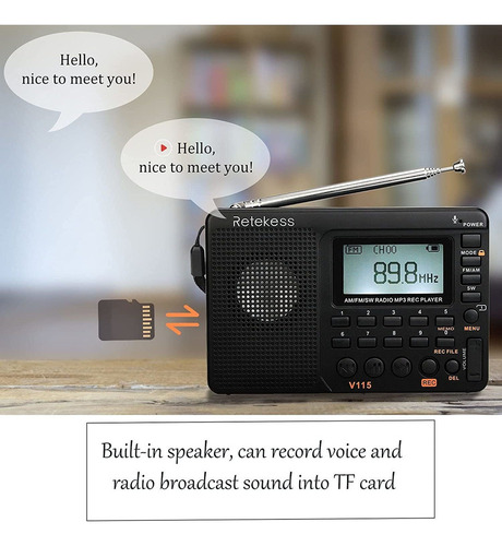// Rádio Portátil Retekess V115 Am Fm Sw Pocket Recorder