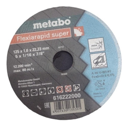 Imagen 1 de 4 de Disco De Corte 125 X 1,6 Mm Metabo Para Amoladora X25 Un