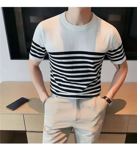Camiseta De Manga Corta De Punto A Rayas Para Hombre - Top M