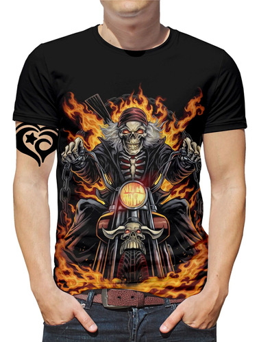 Camiseta Rock N Roll Plus Size Caveira Moto Masculina Harley