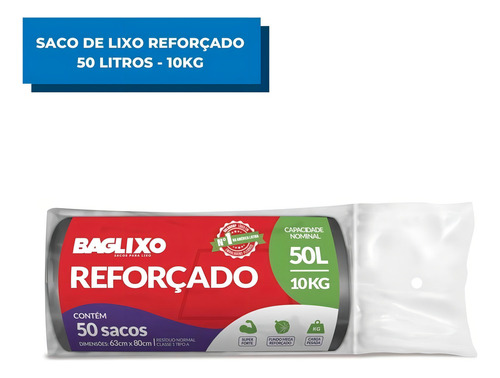 Saco De Lixo 50 Litros Super Reforçado Com 50 Unidades Rolo