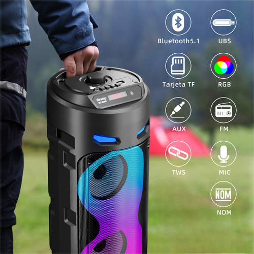 Bocina Bluetooth Con Micrófono Alámbrico Radio Fm Luces Led Negro