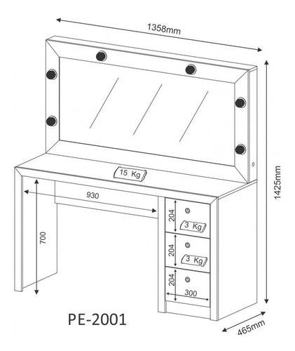 Mesa Con Espejo Dressoire Aparador Tocador 3 Cajones Y Luces