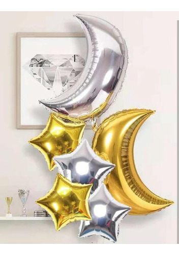 Kit 6 Balão Metalizado Lua + Estrela Dourado Prata Decoração