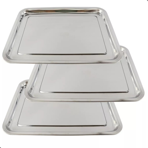 Kit 3 Bandejas Aço Inox Retangular Rasa Multi Uso 40 X 30 Cm