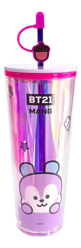 Miniso Vaso Con Tapa Y Popote Bt21 Plástico Tornasol 800ml Lila