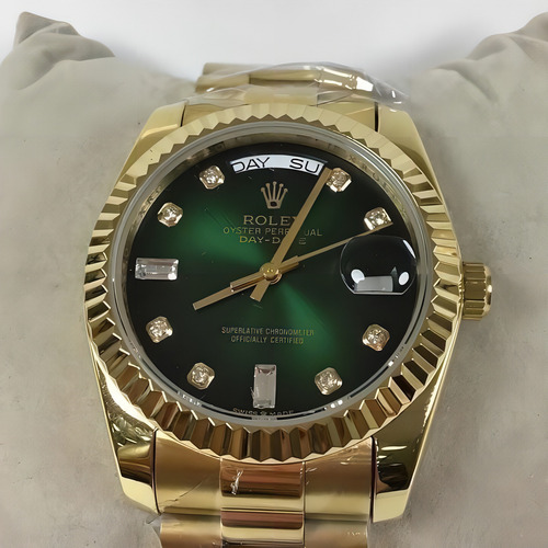 Relógio Rolex Daydate 36mm Verde Safira Perfeito Cx Simples Correia Dourado Bisel Dourado