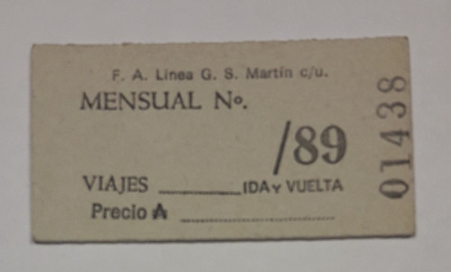 Antiguo Boleto Ferrocarril Mensual L San Martín 1989 