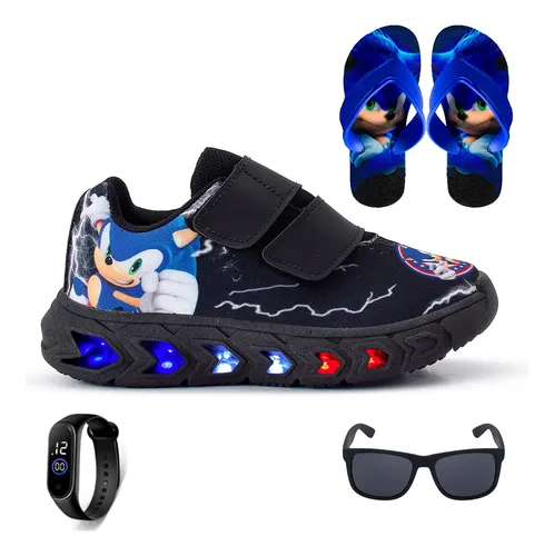 Tenis Infantil De Led Meninos Sonic + Chinelo Oculos Relogio