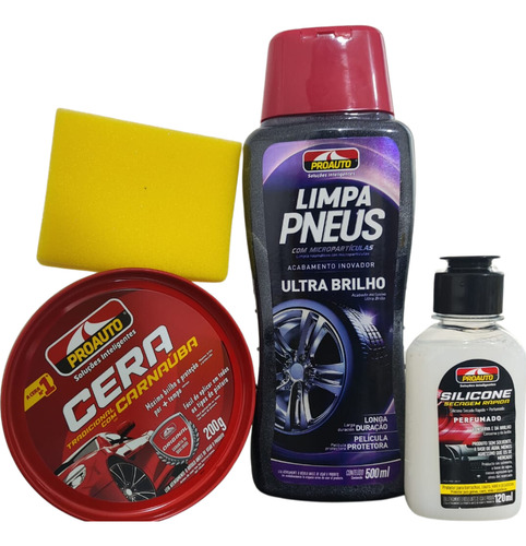 Jogo Lavagem Automotiva Limpa Pneus+cera+silicone+esponja
