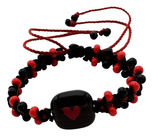 Pulsera Tejida Chaquiron Corazón Rojinegro Color Negro Diámetro 7 Cm Largo 14 Cm