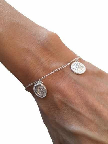 Pulsera De Plata 925 Con Dijes Doble Cara Del Sol Y La Lun 