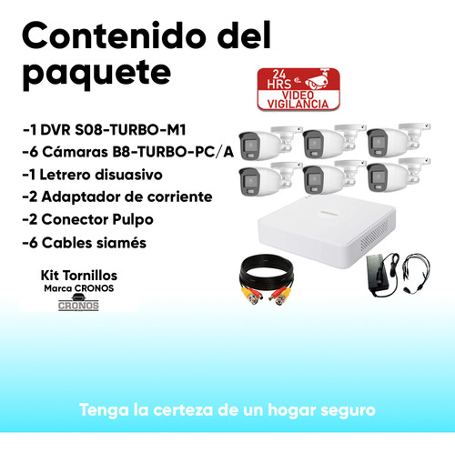Epcom Kit 6 Cámaras de seguridad 2MP IP66 B8-KIT-CV/A-6CCC CCTV Exterior ColorVu Alta definición Videovigilancia B8-KIT-CV/A Micrófono integrado Blanco