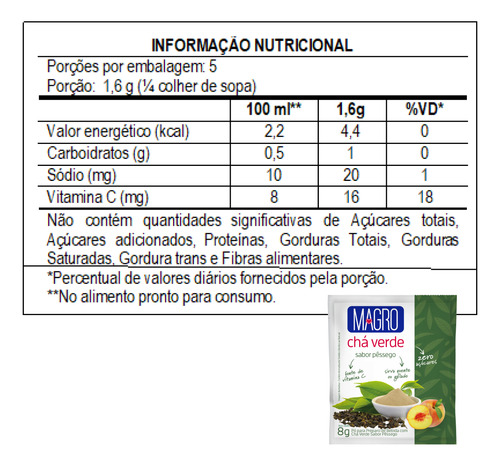 Chá Verde Sabor Pêssego Zero Açúcares Magro 8g Caixa Com 15