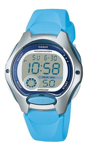 Reloj pulsera digital Casio LW-200 con correa de resina color celeste - fondo gris - bisel plateado
