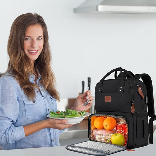 Mochila Térmica com Bolsa Térmica para Almoço Preta de Trabalho Feminina para Notebook de 15,6 Polegadas com Porta USB para Faculdade Praia Acampamento Piqueniques Matein 1162