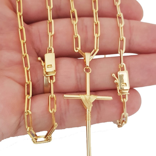 Corrente 4mm 70cm Pulseira E Cruz Banhados A Ouro 18k