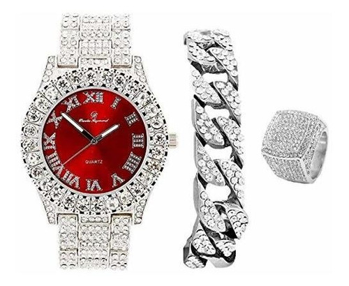 Mens Silver Big Rocks Bisel Bloody-red Dial Con Números Roma