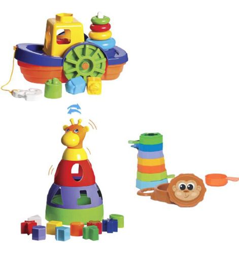 Brinquedos Para Bebês Barco + Empilha Baby Macaco + Girafa
