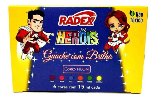 Tinta Guache Com Brilho Glitter C/ 6 Cores 15ml Radex Heróis