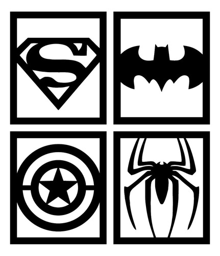 Cuadro Super Heroes Logos - Cuadríptico Mdf Calado 32x40 C/u