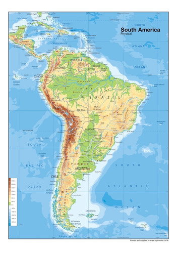 Mapa Físico De Póster De América Del Sur - 23,3 X 16,5 Pu