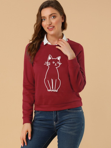 Sudadera Mujer Con Cuello Redondo Y Estampado De Gato